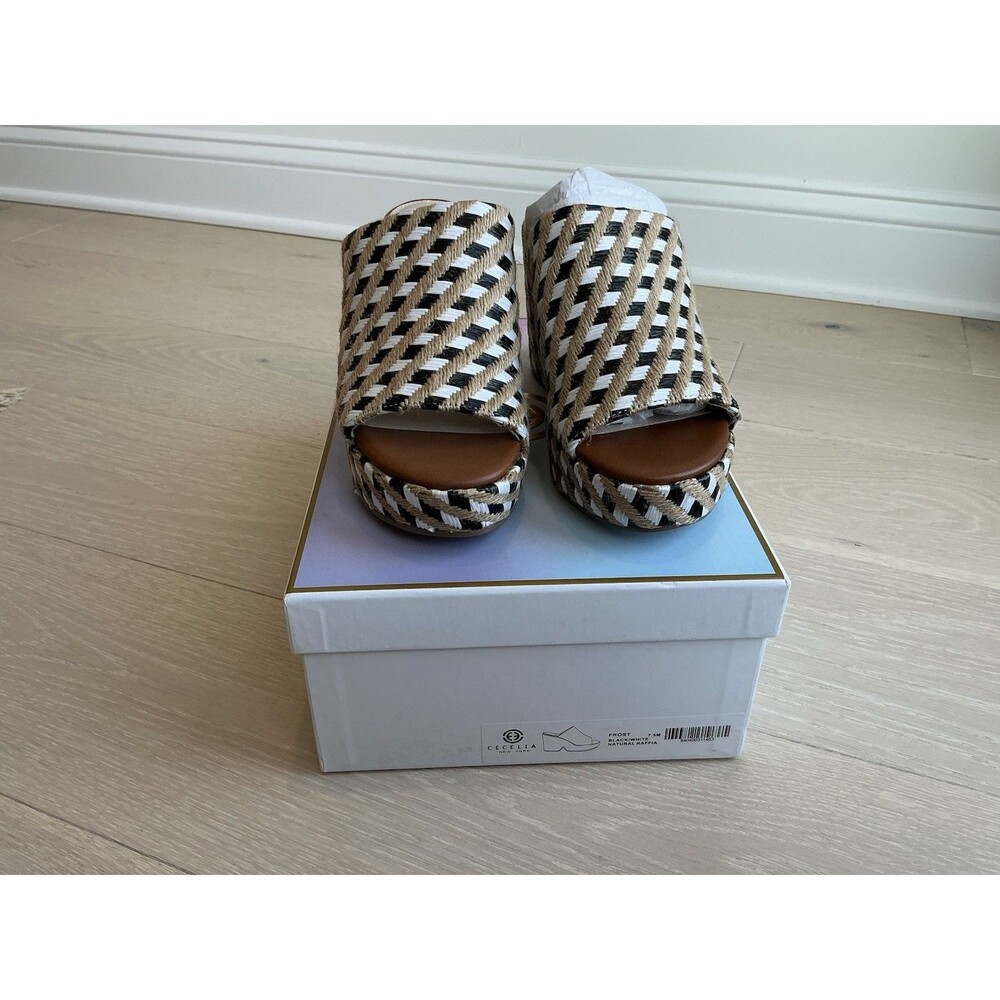 Cecelia New York Platform Wedge Sandals-New With Box-7.5-Raffia-Blk/Wht/Natural